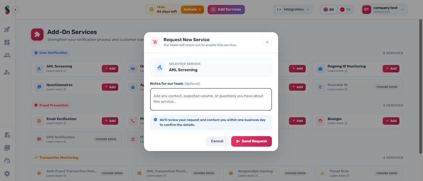 Click Add on the desired service