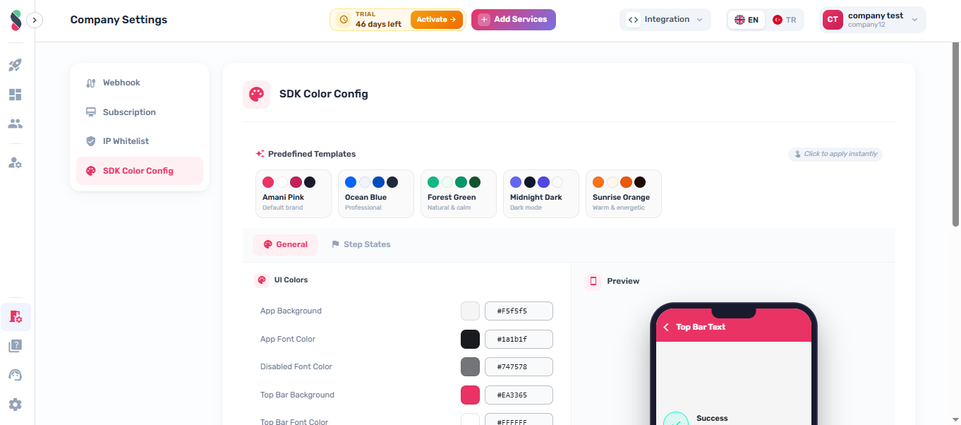SDK color config fields and save action
