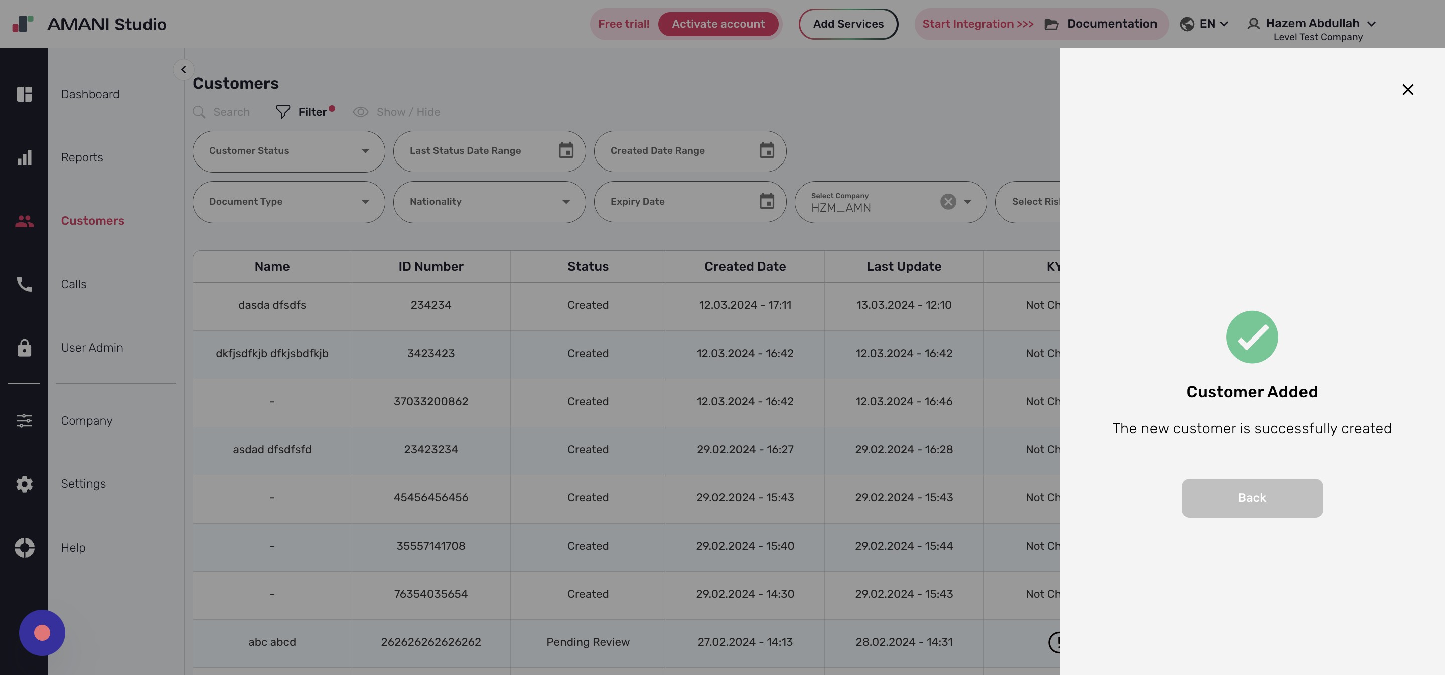 Click Back to return to the customer list