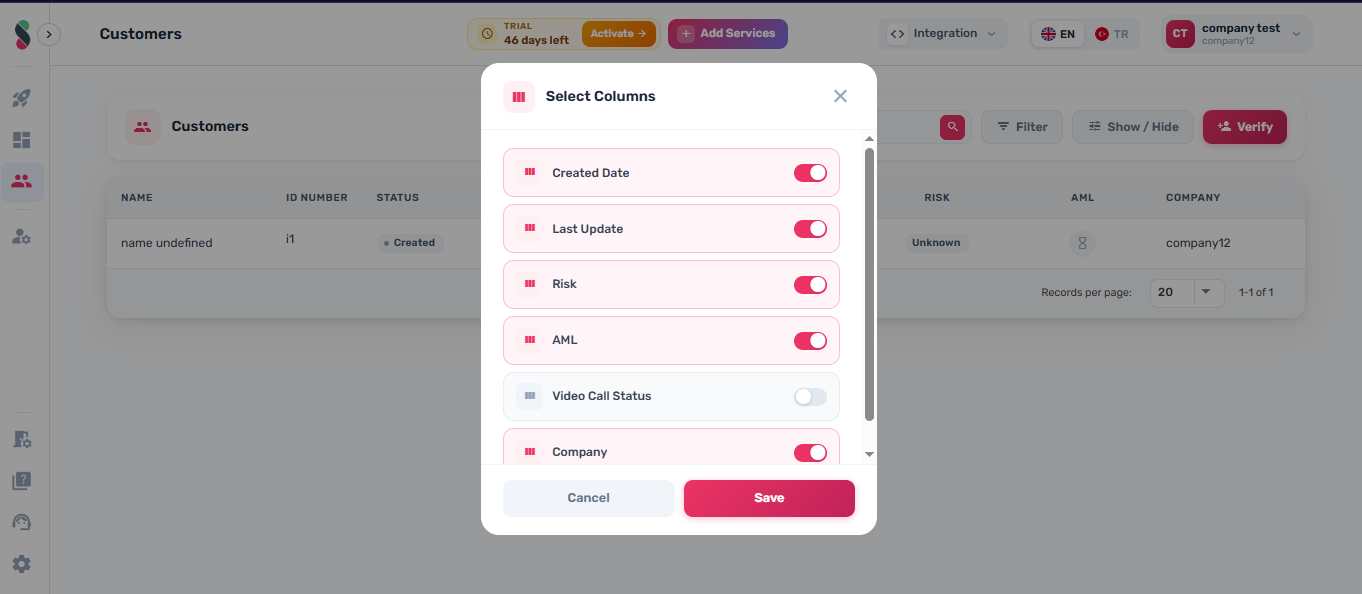 Show hide columns dialog