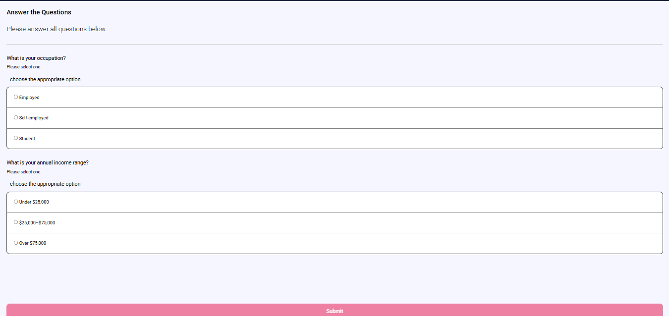Questionnaire screen