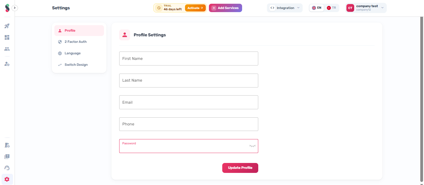 Settings page navigation and tab