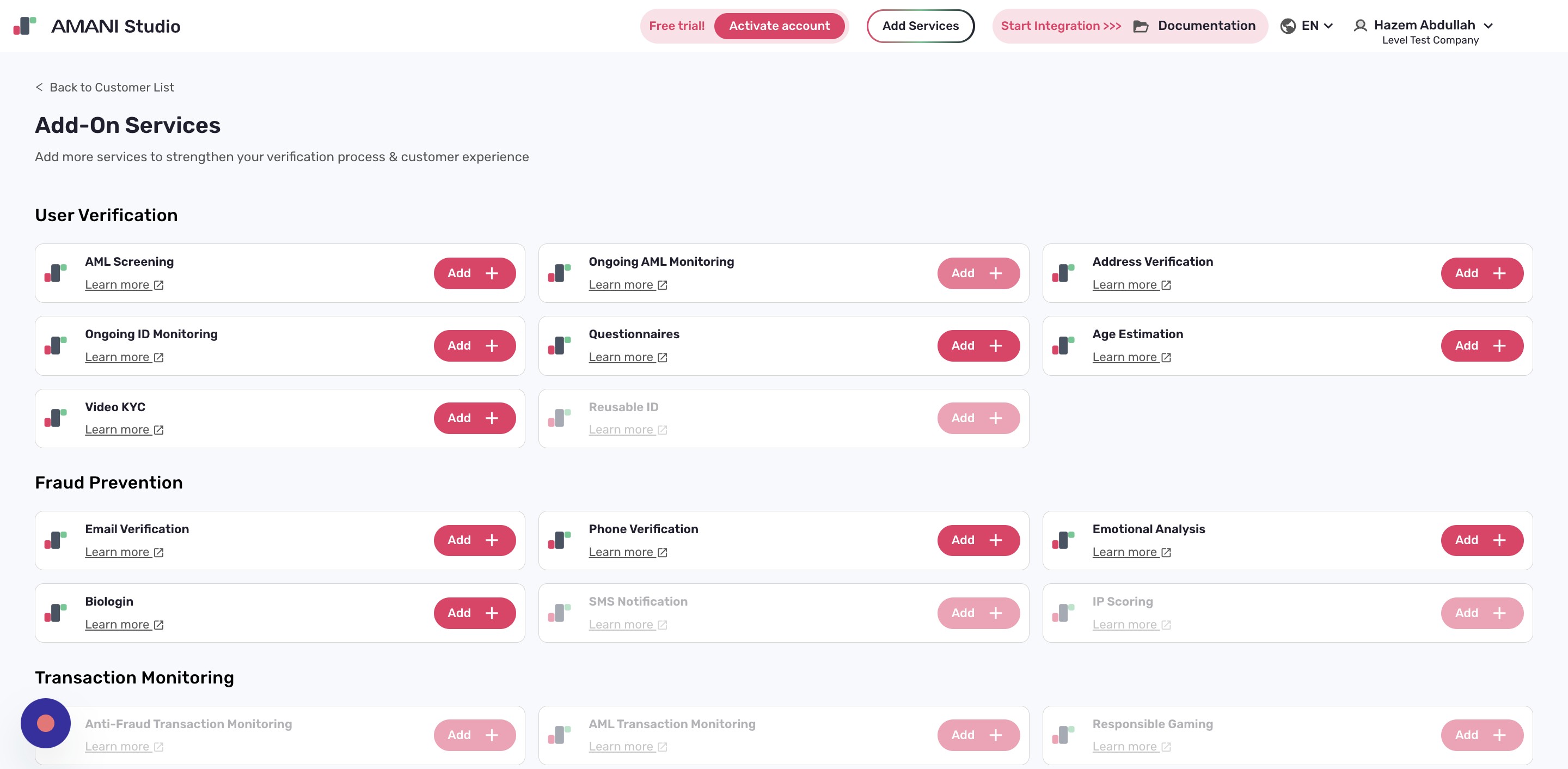 Click Add on the desired service
