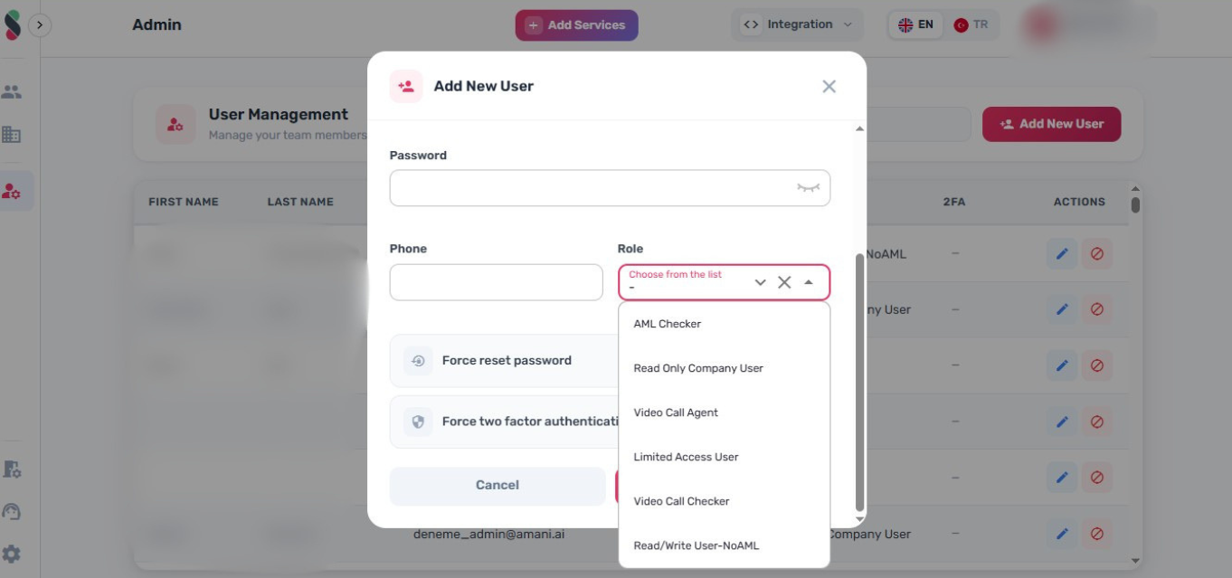 Select the user's access role