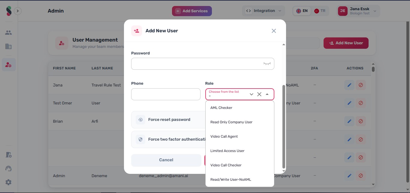 Select the user's access role