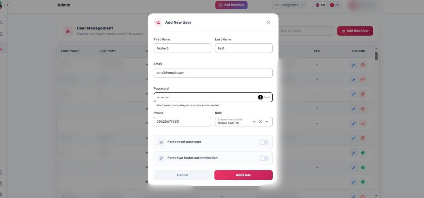 Click Add User to confirm