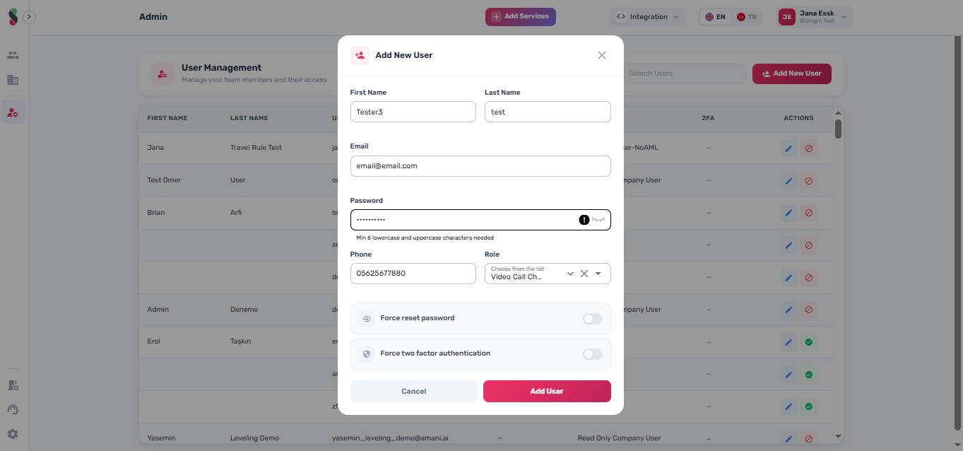 Click Add User to confirm